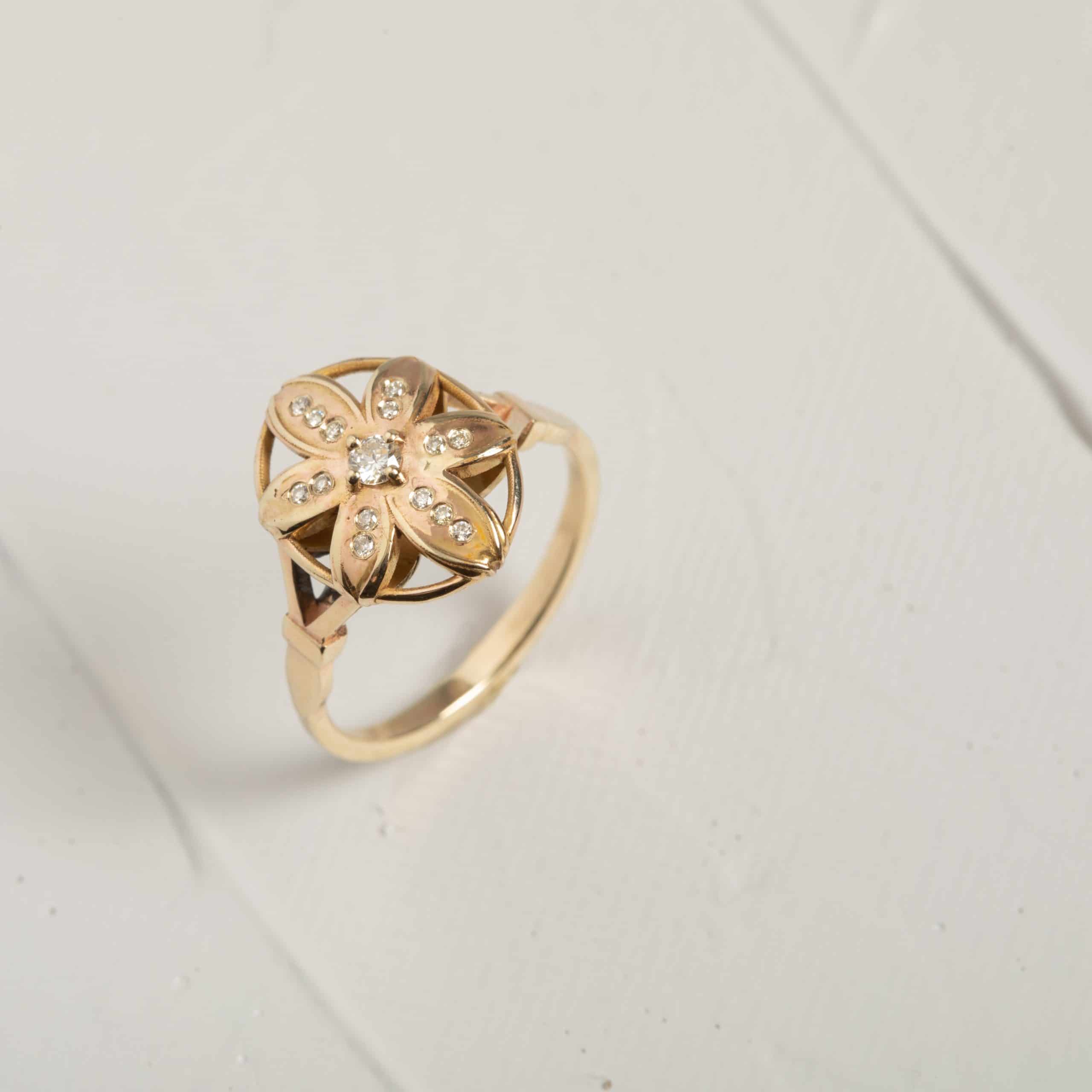 טבעת מור יהלומים טבעת זהב 14 קראט יהלומים - וינטג׳ בעבודת יד